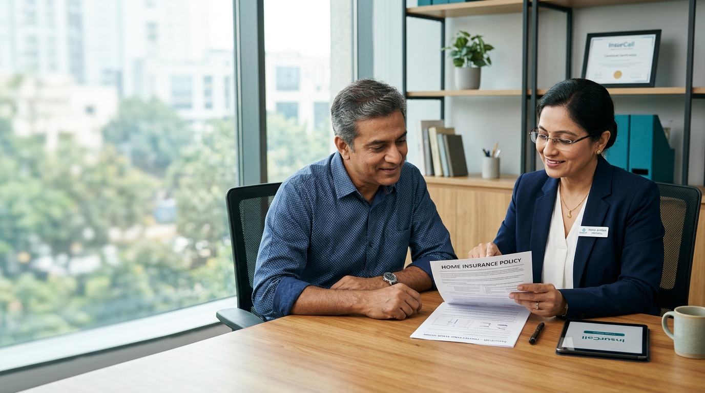 Indian insurance specialist calmly reviewing policy documents with a policyholder in natural daylight