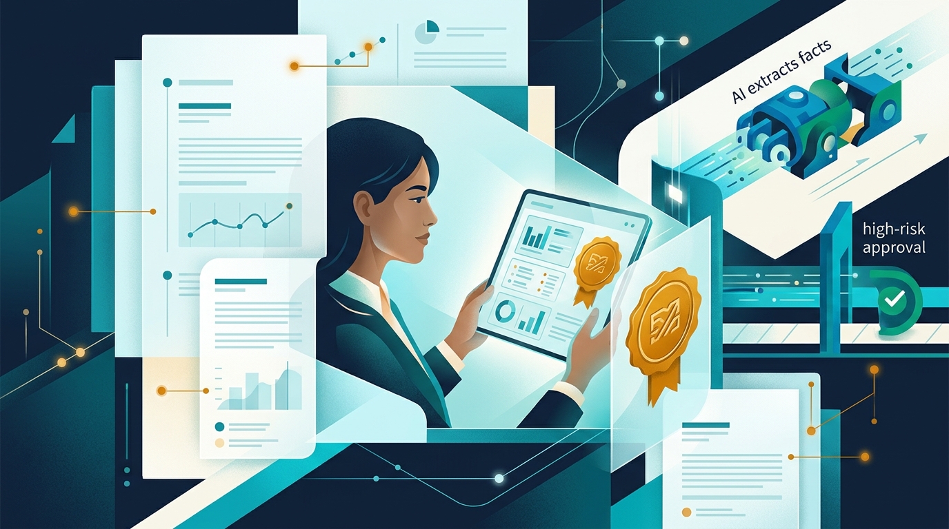 Human review and document verification illustration showing claims specialist inspecting case details